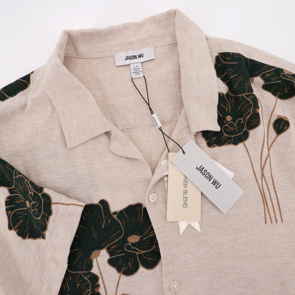 NEW Jason Wu Floral Linen Blend Button Down Beige Short Sleeve Mens Large Shirt
